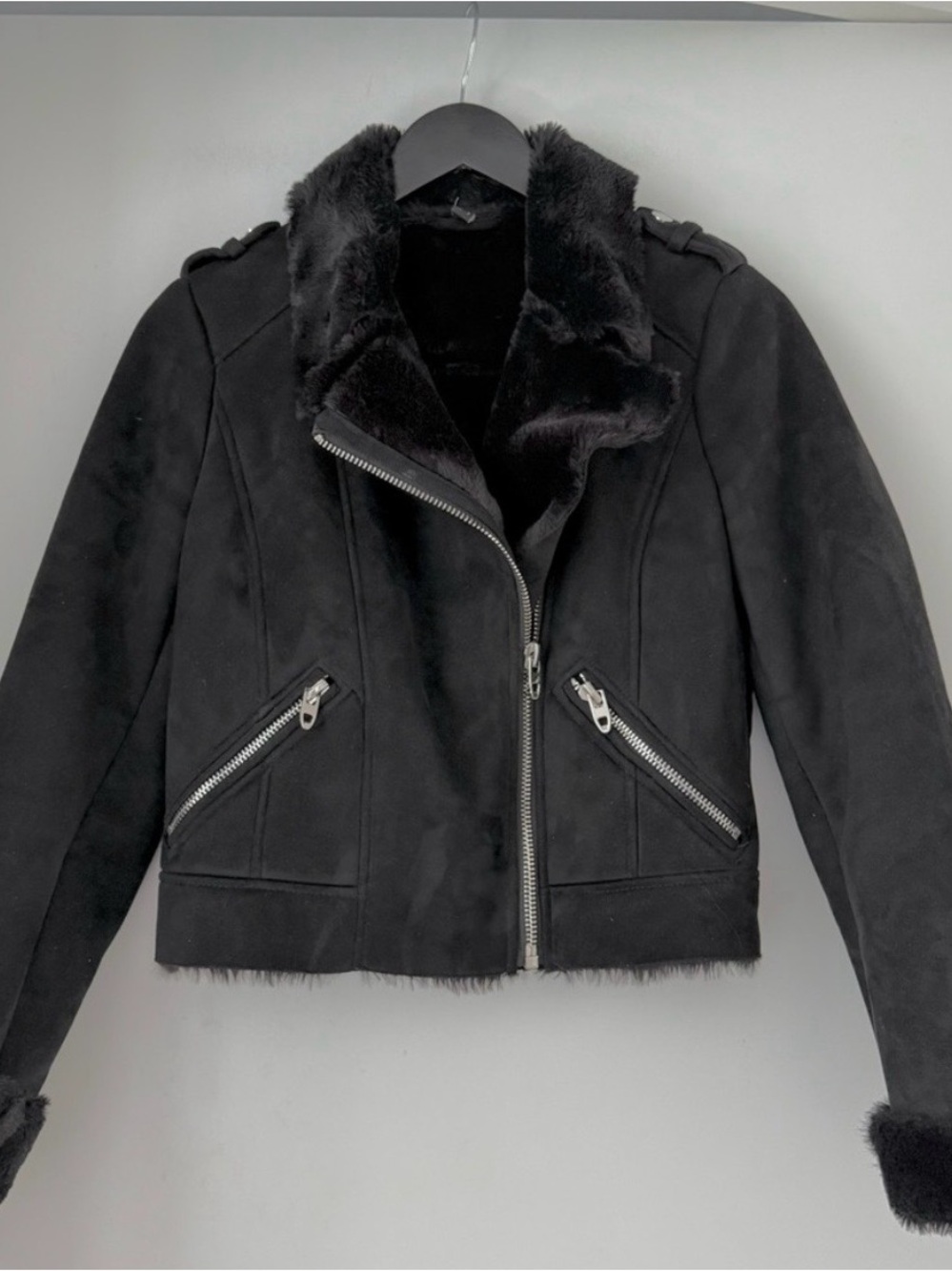 ZARA Black Faux Shearling Moto Jacket - Women